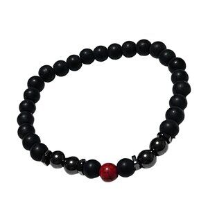 Boho Black Beaded Stretch Bracelet Red Accent Stone Natural Classic Jewelry